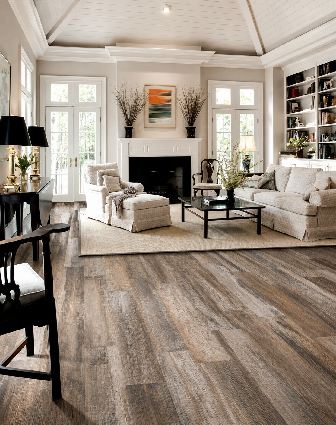Modern living room with wide-plank hardwood floor